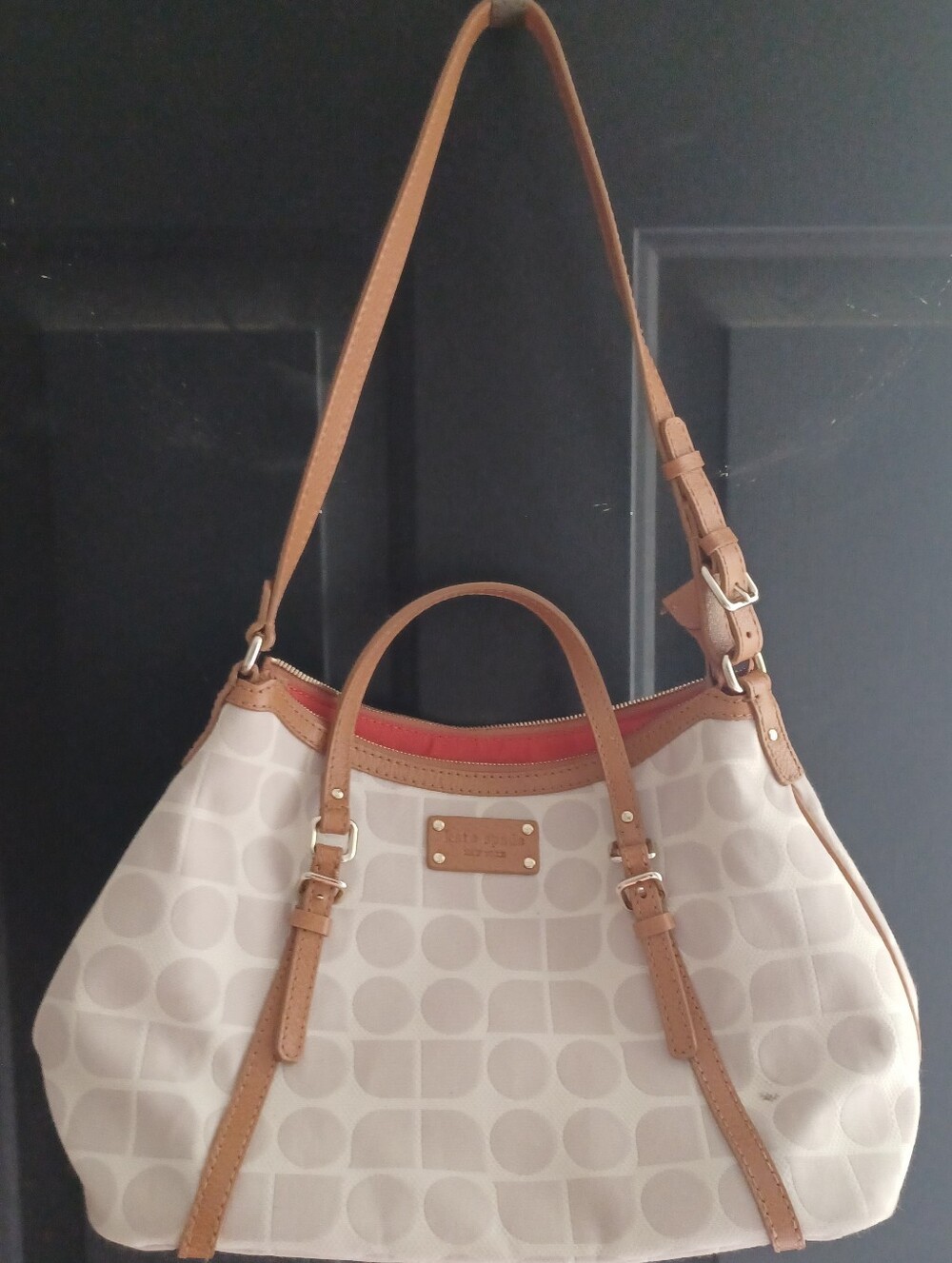 Kate Spade Large Cream Canvas Crossbody with Tan Leather Trim